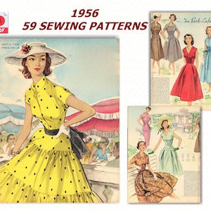 May include: A vintage sewing pattern booklet cover featuring a woman in a yellow polka dot dress with a white hat. The cover also includes the text "1956 59 SEWING PATTERNS" and "HEFT 4 / 1956 PREIS DM 1,35".