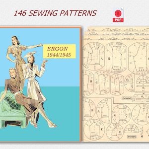 以下が含まれることがあります： 3人の女性がドレスを着ているイラストが描かれたヴィンテージの裁縫パターンブックレット。ブックレットのタイトルは「Ergon 1944/1945」で、146の裁縫パターンが含まれています。