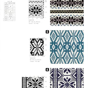 May include: A knitting pattern chart with black and white squares, showing a snowflake design. The chart is labelled "32段20日" and "32 rows by 20 sts." The chart is accompanied by a photo of a knitted fabric with a snowflake pattern in blue, white, and black.
