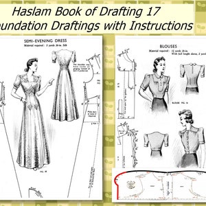 Op de afbeelding: Vintage naaipatroon voor een semi-avondjurk en blouses. Het patroon bevat instructies en illustraties voor het ontwerpen van de kledingstukken. Het patroon voor de jurk vereist 5 yards stof van 91 cm breed. Het patroon voor de blouse vereist 11 yards stof van 91 cm breed.