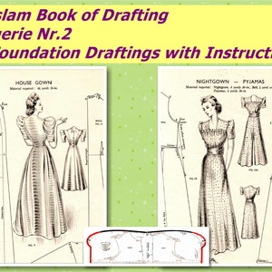 May include: A vintage sewing pattern for a house gown and nightgown with pajamas. The pattern includes instructions and diagrams for sewing the garments. The pattern is printed on white paper with black ink.