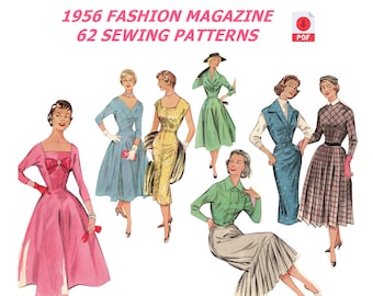 1956 Vintage Fashion Magazine: 62 Dress Sewing Patterns (PDF Download)