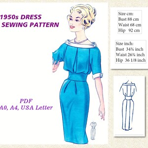 1950s Dress Sewing Pattern PDF, Vintage Dress Pattern PDF, 1950 Dress Pattern, Cocktail Dress Pattern PDF Download