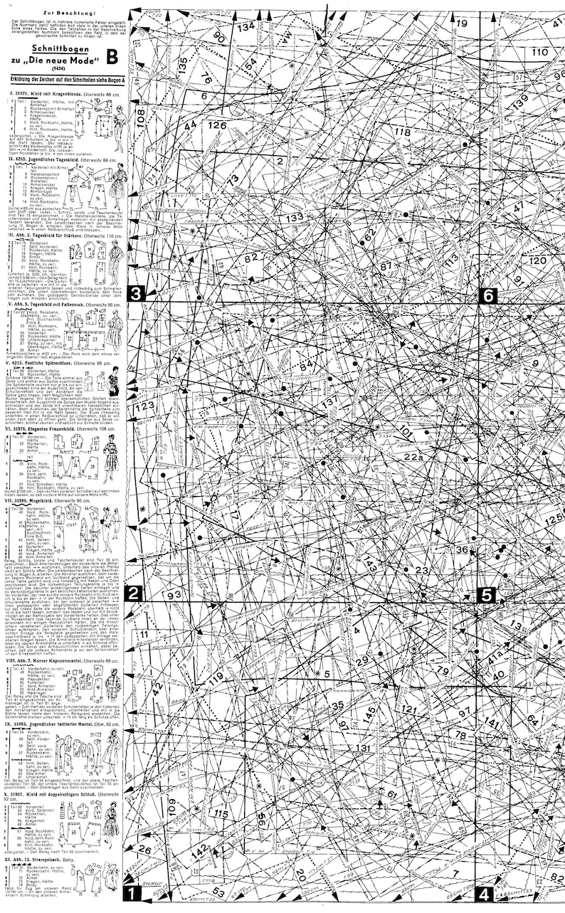 May include: A black and white sewing pattern with numbered lines and dots. The pattern is divided into six sections, each labelled with a number. The pattern includes text in German, including the title "Schnittbogen zu "Die neue Mode"".