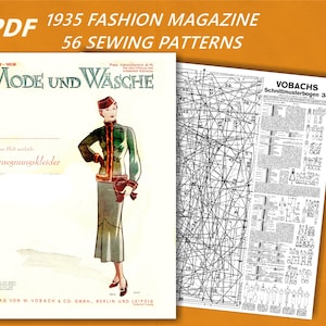 May include: A 1935 fashion magazine cover featuring a woman in a green and black dress with a fur collar. The magazine is titled "Mode und Wasche" and has the text "56 Sewing Patterns" on the cover.