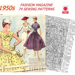 Puede incluir: Una revista de moda vintage de la década de 1950 con 74 patrones de costura. La portada presenta a tres mujeres con vestidos y sombreros. La revista está en formato PDF.
