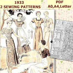 Pode incluir: Um padrão de costura vintage de 1933 para 12 estilos de vestidos diferentes. O padrão inclui instruções e diagramas para costurar os vestidos. O padrão está disponível em formato PDF e pode ser impresso em papel de tamanho A0, A4 ou Letter.