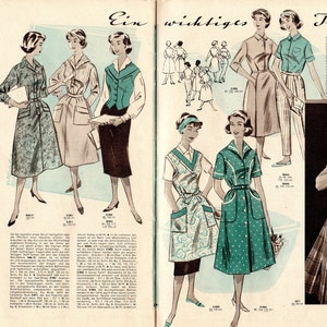 May include: A vintage fashion magazine spread showcasing women's clothing. The magazine is from the 1950s and features a range of styles, including dresses, skirts, and blouses. The text on the page reads "Ein wichtiges Thema" which translates to "An important topic".