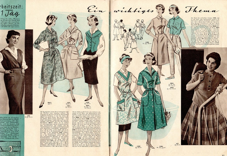 May include: A vintage fashion magazine spread showcasing women's clothing. The magazine is from the 1950s and features a range of styles, including dresses, skirts, and blouses. The text on the page reads "Ein wichtiges Thema" which translates to "An important topic".