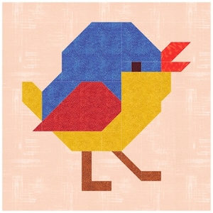 May include: A colorful geometric bird with a blue head, red beak, and yellow body. The bird has brown legs and is standing on a pink background.