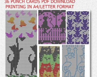 36 x Jacquard Punch Cards Pets Animals for Knitting Machine , 24 Stitches Punch card Patterns ,  PDF Download