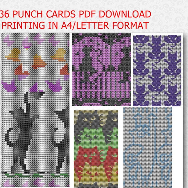36 x Jacquard Punch Cards Pets Animals for Knitting Machine , 24 Stitches Punch card Patterns ,  PDF Download
