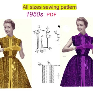 May include: A vintage sewing pattern for a dress from the 1950s. The pattern includes a diagram of the dress and two images of models wearing the dress in different colors. The dress has a fitted bodice and a full skirt.