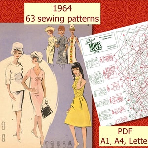May include: A vintage sewing pattern booklet from 1964 with 63 patterns. The cover features illustrations of women wearing dresses and skirts. The booklet is titled "Rigas Modes" and includes the text "PARASAVASARA VESNA-LETO PIEGRIEZTNES VYRKROYKI".