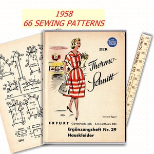 May include: A vintage sewing pattern booklet cover featuring a woman in a red and white striped dress. The cover is titled "Der Thermo-Schnitt" and "Ergänzungsheft Nr. 39 Hauskleider".