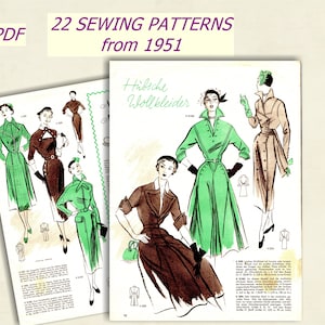 Puede incluir: Un folleto de patrones de costura vintage de 1951 con 22 patrones para vestidos de mujer. La portada muestra ilustraciones de cuatro mujeres con diferentes estilos de vestidos, incluyendo un vestido verde con cinturón, un vestido marrón con cuello y un vestido beige con cinturón. El texto de la portada dice "H"""bsche Wollkleider", que se traduce como "Preciosos vestidos de lana".