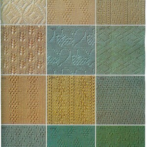 May include: A collection of 12 knit fabric swatches in various patterns and colors, including beige, brown, green, and blue. The swatches are arranged in a grid of four rows and three columns. The text "IZUMI MAOVI" is visible in the top right corner of the image.