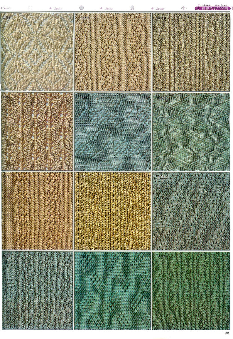 May include: A collection of 12 knit fabric swatches in various patterns and colors, including beige, brown, green, and blue. The swatches are arranged in a grid of four rows and three columns. The text "IZUMI MAOVI" is visible in the top right corner of the image.