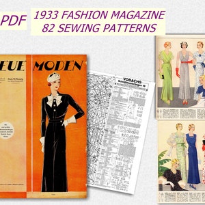 Puede incluir: Una portada de revista vintage de 1933 con una mujer con un vestido negro y el título "Neue Moden" con el texto "Heft 1 & 1933 Preis 75 Pfennig". La portada de la revista está rodeada de páginas de patrones de costura.