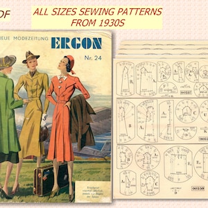 Pode incluir: Um padrão de costura vintage da década de 1930 para um vestido. O padrão é impresso em papel e inclui vários tamanhos. O padrão é intitulado "Neue Modezeitung Ergon Nr. 24".