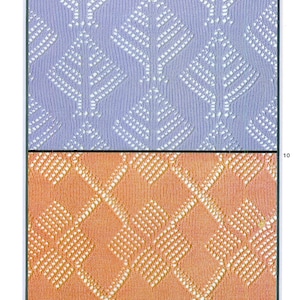 Peut inclure: Deux échantillons de tissu tricoté. L'échantillon du haut est de couleur violet clair avec un motif de feuilles blanches. L'échantillon du bas est de couleur orange clair avec un motif de diamants blancs. Voir page 18 pour la carte.