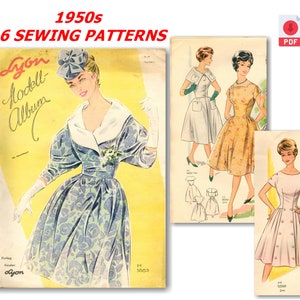 Puede incluir: Un folleto de patrones de costura vintage de la década de 1950 con 16 diseños de vestidos diferentes. La portada presenta a una mujer con un vestido azul floral con cuello blanco y un sombrero blanco. El folleto se titula "Lyon Modell Album" y tiene un fondo amarillo.