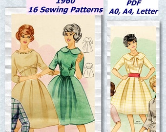 16 Vintage Sewing Patterns 1960 ,Vintage Fashion Magazine 1960 with Pattern Sheet, 60s Dress Patterns, Retro Sewing Patterns, PDF Download