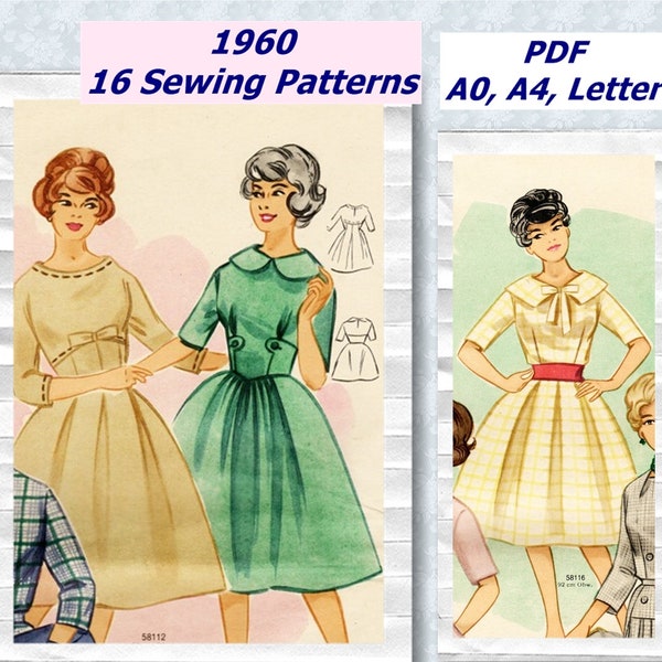 16 Vintage Sewing Patterns 1960 ,Vintage Fashion Magazine 1960 with Pattern Sheet, 60s Dress Patterns, Retro Sewing Patterns, PDF Download