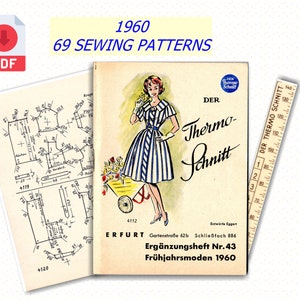 Puede incluir: Un folleto de patrones de costura vintage de 1960. La portada presenta a una mujer con un vestido a rayas azules y blancas. El título dice "Der Thermo-Schnitt" y "Ergänzungsheft Nr. 43 Frühjahrsmoden 1960".