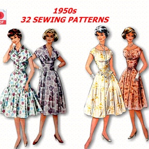 May include: A set of 32 vintage 1950s sewing patterns for dresses. The patterns feature four different styles of dresses with floral prints in various colors.