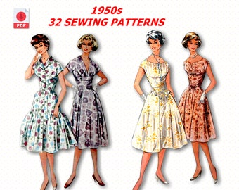 May include: A set of 32 vintage 1950s sewing patterns for dresses. The patterns feature four different styles of dresses with floral prints in various colors.
