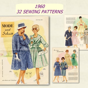 Puede incluir: Una portada de revista vintage de 1960 con 32 patrones de costura. La portada presenta a dos mujeres con vestidos, una en azul y otra en verde y blanco. La revista se titula "Mode und Schnitt".