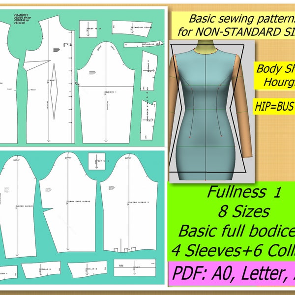 Basic FULL BODICE SLOPER/Fullness 1/ 8 Sizes/4 Sleeves/ 6 Collars, Basic Dress Block for Custom Sizes