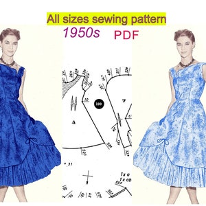 May include: A vintage sewing pattern for a dress from the 1950s. The pattern is for all sizes and is available as a PDF download. The image shows two models wearing the dress in different colors.