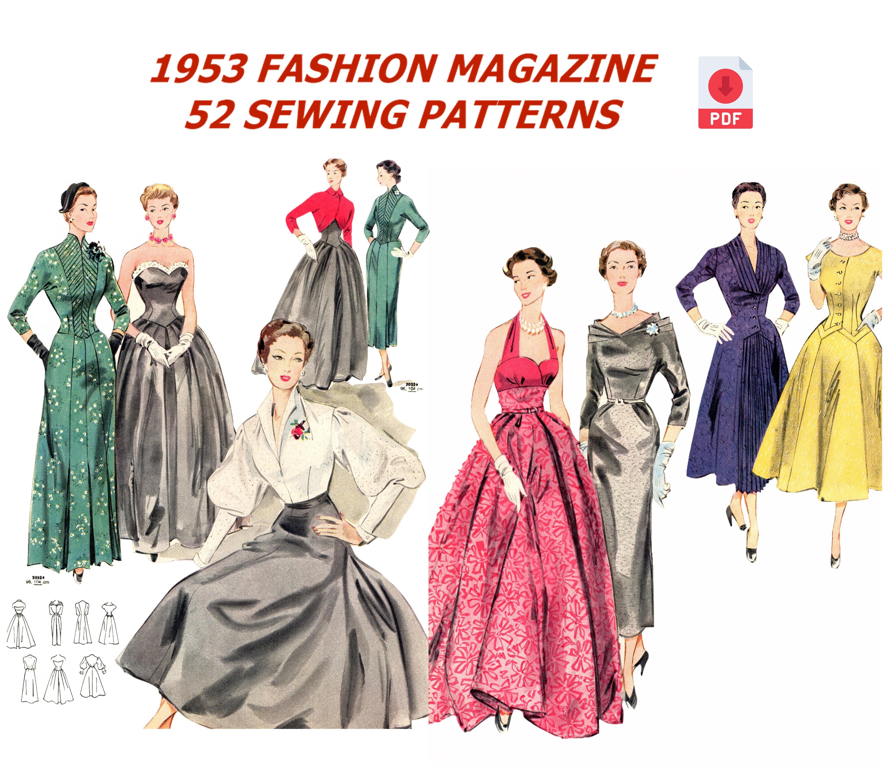 52 Vintage Sewing Patterns 1953, 1950s Fashion Magazine – Restored Digital Edition with Sewing Patterns (A1 + A4/Letter PDF Download)