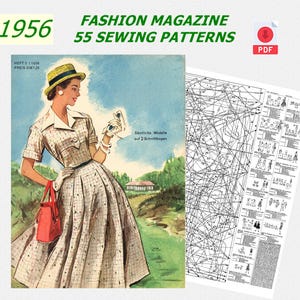 May include: A vintage 1956 fashion magazine cover featuring a woman in a gingham dress and a straw hat. The cover text reads "Fashion Magazine 55 Sewing Patterns".
