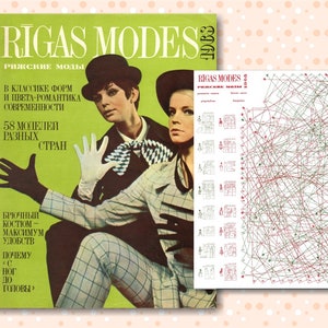May include: A vintage magazine cover featuring a green background with the title "RIGAS MODES" in large, bold letters. The text "РИЖСКИЕ МОДЫ" is below the title. The cover features two models wearing stylish clothing. The magazine is from 1968.