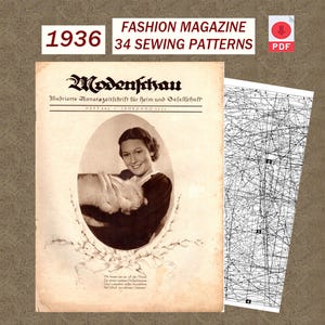 Puede incluir: Una revista de moda Modenschau de 1936 en descarga digital con 34 patrones de costura. La portada muestra un retrato en tono sepia de una persona sosteniendo un conejo dentro de un marco ovalado, junto a una hoja separada de líneas técnicas de patrones en blanco y negro.