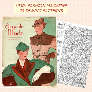 Pode incluir: Uma capa de revista de moda vintage da década de 1930 com duas mulheres usando chapéus e casacos elegantes. A revista é intitulada "Elegante Mode" e inclui 29 padrões de costura.