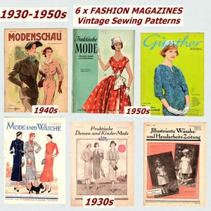 Könnte beinhalten: Eine Sammlung von sechs Vintage-Modezeitschriften mit Schnittmustern aus den 1930er bis 1950er Jahren. Die Cover zeigen verschiedene Illustrationen und Fotografien von Kleidungsstilen mit deutschen Titeln wie Modenschau, Praktische Mode, Günther Moden, Mode und Wäsche, Praktische Damen- und KinderMode und Illustrierte Wäsche- und Handarbeits-Zeitung.