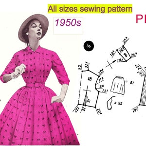 Könnte beinhalten: Ein Vintage-Schnittmuster für ein Kleid aus den 1950er Jahren. Das Schnittmuster enthält Anweisungen und Diagramme für die Größen 36 und größer. Das Schnittmuster ist auf Papier gedruckt und in Schwarzweiß.