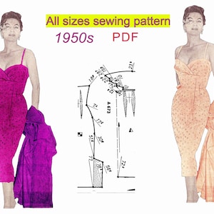 May include: A vintage sewing pattern for a 1950s dress. The pattern includes a diagram with measurements in inches. The dress is shown in two different colors, pink and peach.