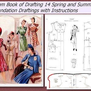 Op de afbeelding: Een vintage illustratie uit een boek getiteld "Haslam Book of Drafting 14 Spring and Summer + Foundation Draftings with Instructions". De illustratie toont vijf vrouwen die verschillende stijlen jurken dragen. Het boek bevat instructies voor het ontwerpen van de patronen voor de jurken.