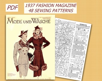 48 Sewing Patterns PDF 7/1937 Mode und Wäsche, Vintage Sewing Patterns, 1930s Sewing Patterns, German Vintage  Fashion Magazine