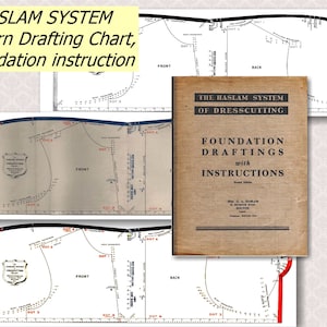 May include: A vintage book titled "The Haslam System of Dresscutting: Foundation Draftings with Instructions" with a tan cover and black text. The book is open to a page with a diagram of a dress pattern.