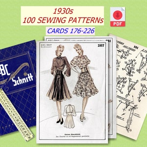Könnte beinhalten: Ein Set mit 100 Vintage-Schnittmustern aus den 1930er Jahren. Die Schnittmuster sind für Kleider und beinhalten Anleitungen und Diagramme. Die Schnittmuster sind mit "ABC Schnitt" und "Karten 176-226" gekennzeichnet.