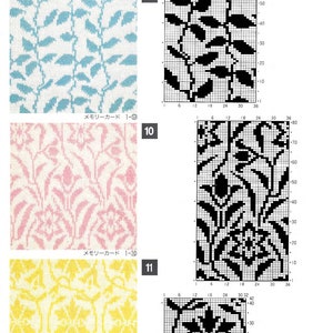 Può includere: Un diagramma di punto a maglia per un design Fair Isle con un motivo bianco e nero. Il diagramma mostra il motivo di un design a foglia. Il diagramma è etichettato "9" e "Memory Card 1-9".