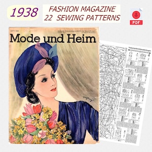 Pode incluir: Capa de revista de moda vintage de 1938 com o texto "Mode und Heim" e um retrato de uma mulher de chapéu e vestido azul, segurando flores. Inclui 22 padrões de costura e um ícone de download PDF.