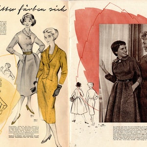 May include: A vintage fashion magazine spread featuring four women modelling different styles of dresses. The magazine is titled "Die Bl&auml;tter f&auml;rben sich" and features text in German.