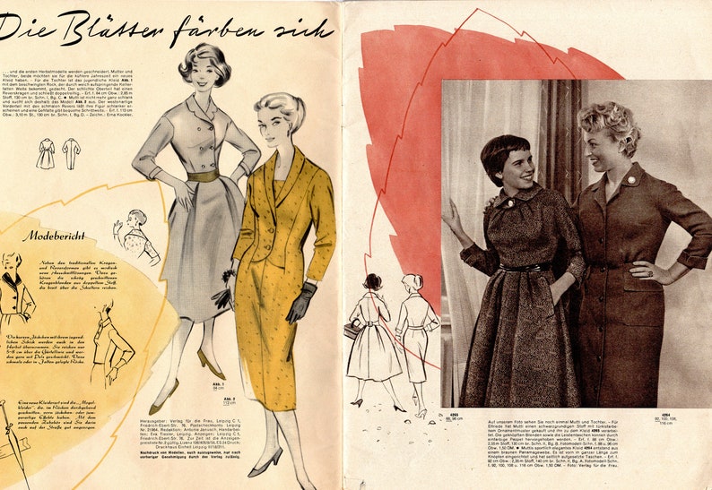 May include: A vintage fashion magazine spread featuring four women modelling different styles of dresses. The magazine is titled "Die Bl&auml;tter f&auml;rben sich" and features text in German.